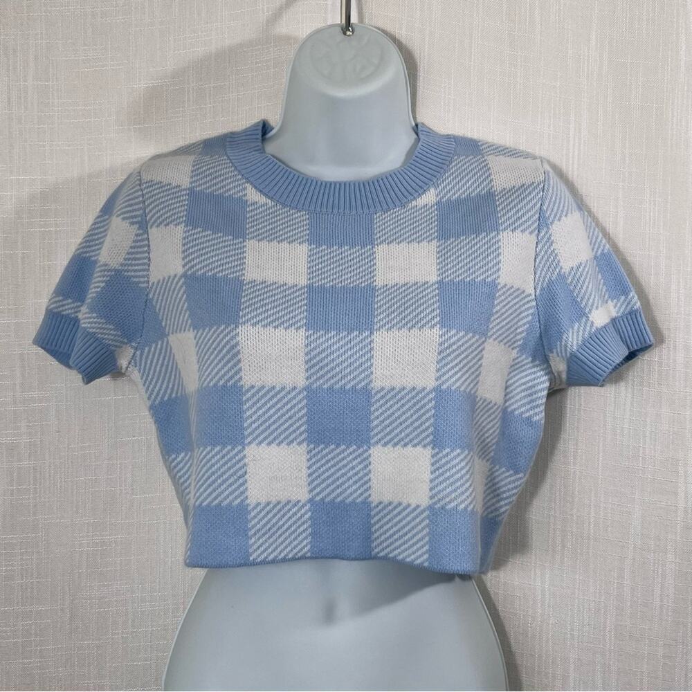 H&M Cropped Plaid Short Sleeve Knit Sweater Top Sz M - Picture 2 of 16